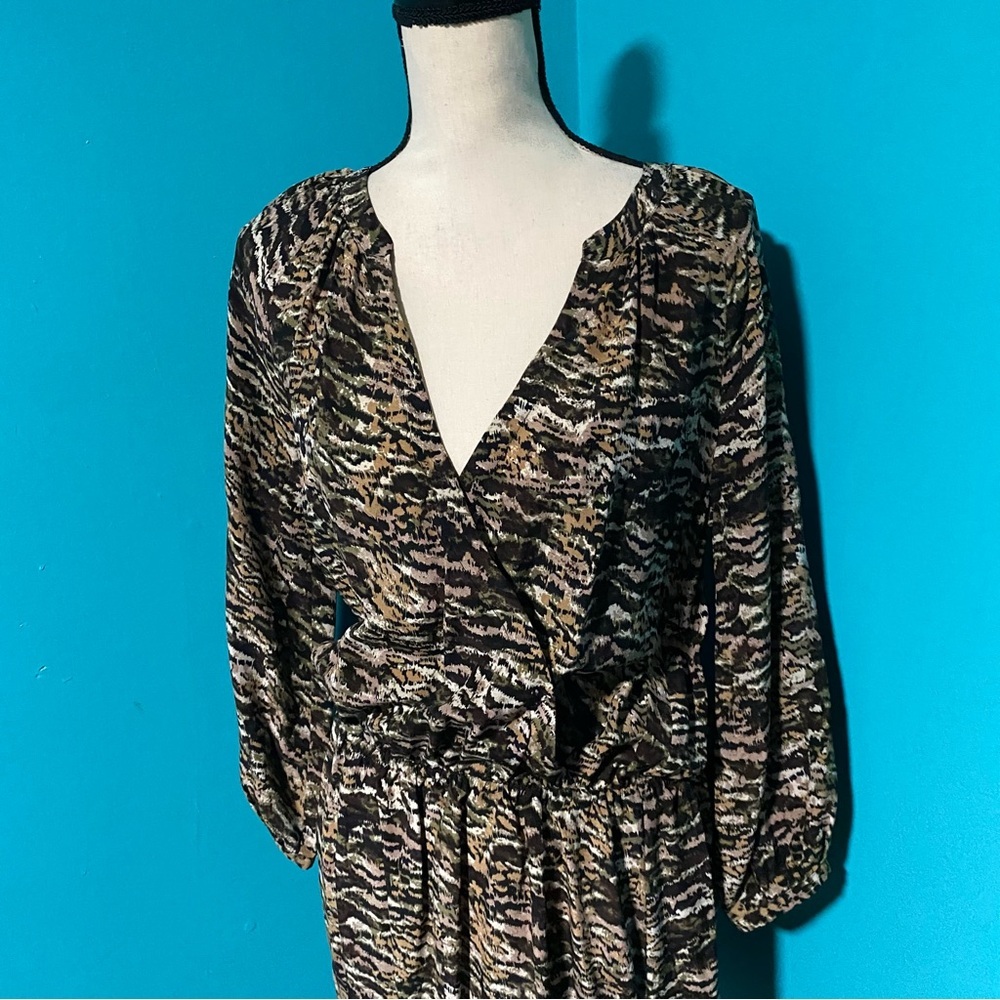 Joie S Brown Print 100% Silk Surplice Neck Long Sleeve Mini Dress - Picture 3 of 7